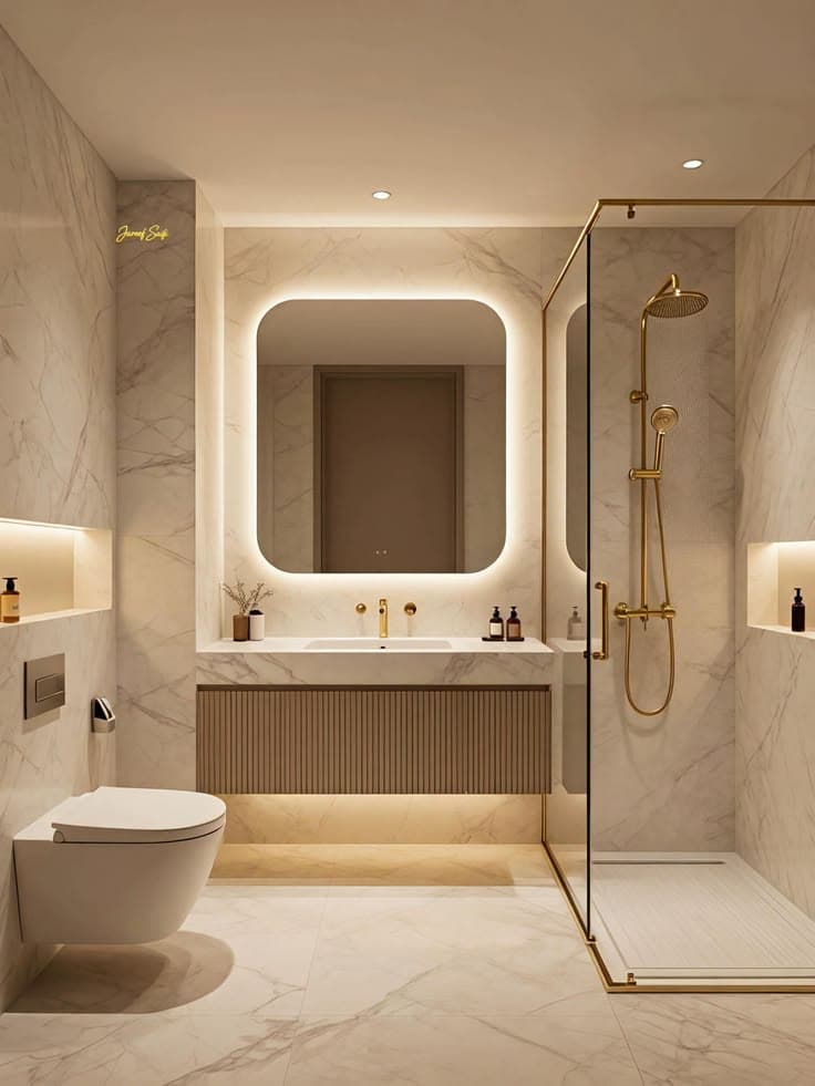 Aydınlatmalı Ayna Detaylı Mermer Lavabo Ünitesi