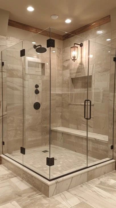 Köşe Cam Duşakabinli Traverten Banyo Ünitesi