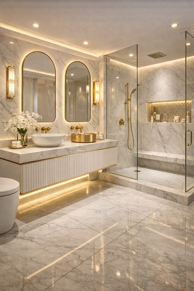 Altın Kemerli Ayna Detaylı Mermer Banyo Konsolu